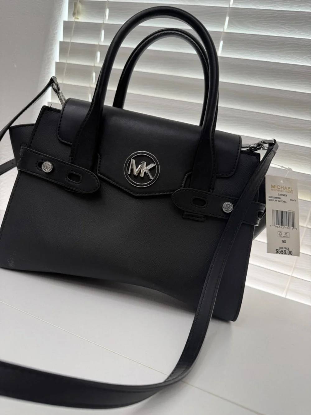 NWT! Michael Kors Black Leather Satchel with MK Logo and Detachable Strap - Picture 1 of 7